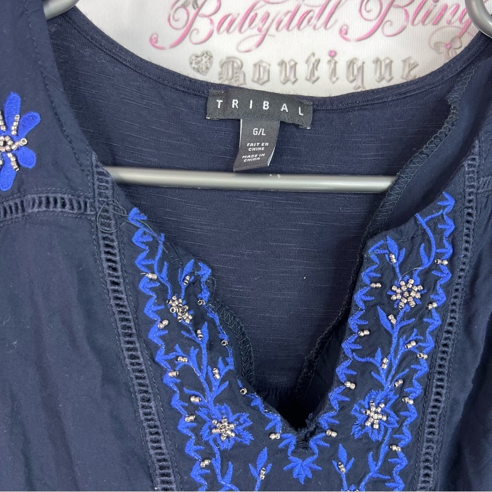 Tribal tank top embroidered Navy Blue Sleeveless Top floral flowers shirt - Picture 6 of 11
